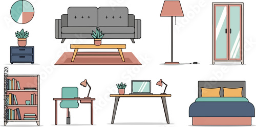 Collection of furniture and decorative items for home interior design