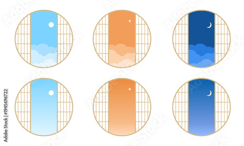 レトロな和の丸窓のアイコンセット/昼・夕方・夜/シンプルでフラットな空の風景イラスト/上空