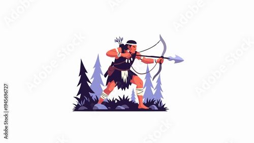 Indigenous person with bow and arrow in forest