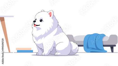 Fluffy white dog sitting by a table and bed with blanket