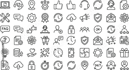 Customer support service and business management line icons set communication help desk technology assistance outline vector collection