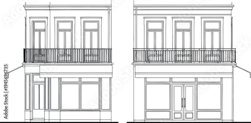 Architectural drawing of a building facade with balconies isolated on transparent background