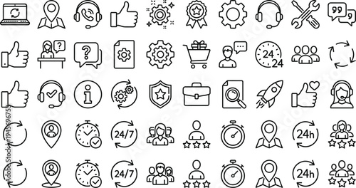 Customer support and service management line icons set help desk communication call center assistance technology outline vector collection