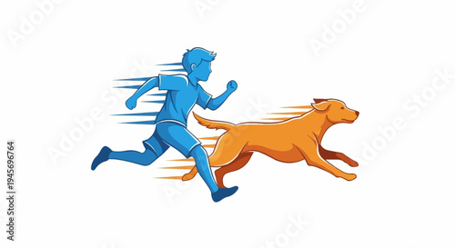 Dynamic duo, a boy and dog sprint with motion lines