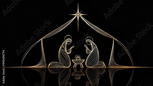 Stylized Nativity Scene in Gold Lines Showing Christmas Symbolism in a Modern Design