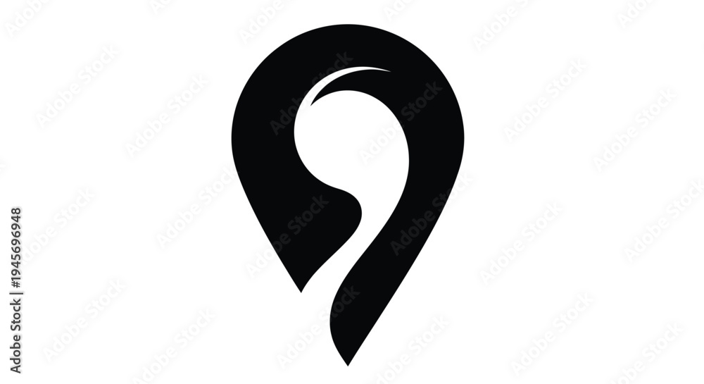 Fototapeta premium Abstract black shape resembling a stylized bird or location marker on white