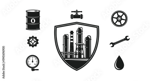 Oil and Gas Industry Icons: Refinery, Barrel, Wrench, Gauge, Gear, Drop