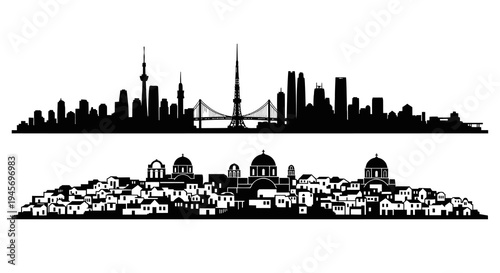 Black and White Cityscape Silhouettes: Modern Skyline and Mediterranean Town