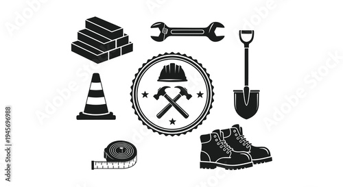 Black and White Construction Tools and Safety Gear Icons Glyph