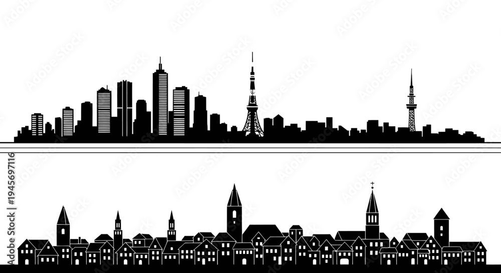 Obraz premium Black and White Silhouette Skyline of Modern and Old Buildings