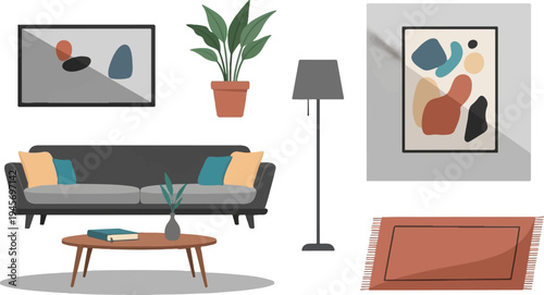 Modern living room with abstract art and plants