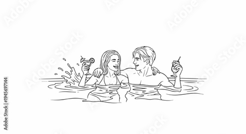 Happy couple enjoys drinks and splashing in the water together