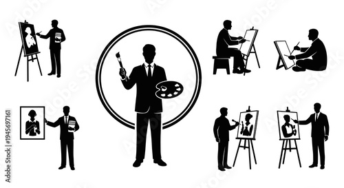 Artist painting portrait silhouette, black and white vector art