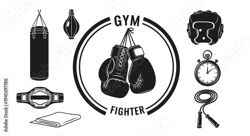 Boxing Gym Equipment Silhouette Icons: Gloves, Punching Bag, Stopwatch, Belt