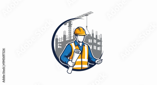 Construction worker with blueprints and building in background