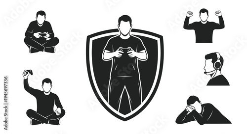 Gamer Icons: Black  White Silhouettes of People Playing Video Games