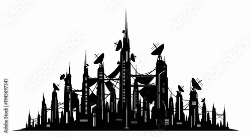 Futuristic cityscape silhouette with tall spires and satellite dishes
