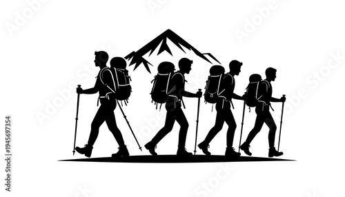 Silhouette of Hikers Trekking Through Mountainous Terrain, Adventure Concept.