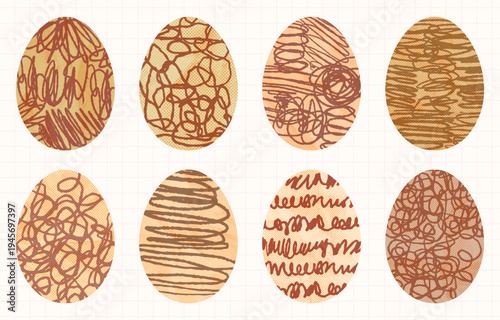 Vector egg shapes with organic hand drawn textures and natural colors with halftone pattern for packaging design and brochures