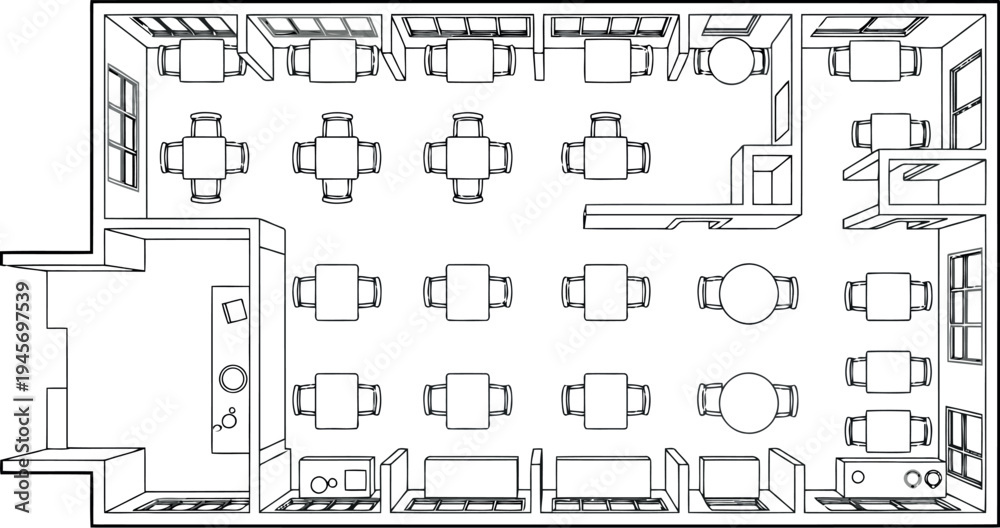 Obraz premium Office floor plan with multiple rooms and desks isolated on transparent background