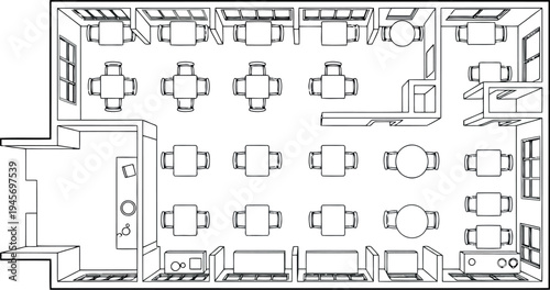 Office floor plan with multiple rooms and desks isolated on transparent background