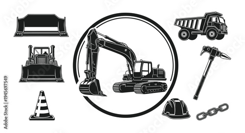 Construction Vector Icons: Excavator, Bulldozer, Dump Truck, Tools, Safety Gear