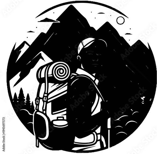 Silhouette of a hiker with a backpack in front of mountains under a moonlit sky