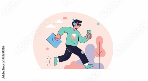 Person running with envelope and phone, wearing headphones and sunglasses