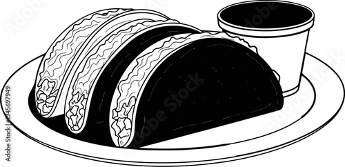 Three filled tacos and a cup of dip on a plate