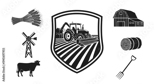 Black and White Farm Icons: Tractor, Barn, Cow, Wheat, Windmill, Hay Bale