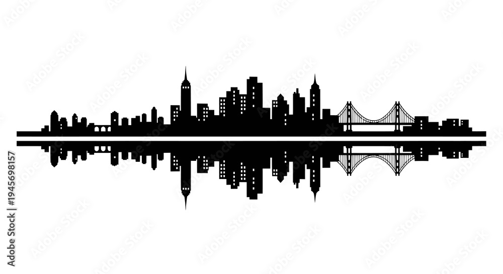Fototapeta premium Black White Skyline Cityscape with Bridge and Reflection