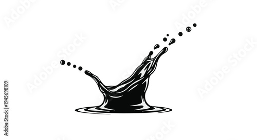 Glossy black liquid splashes upward in a dynamic, crown-like formation against a stark white backdrop, suggesting oil or thick ink movement.