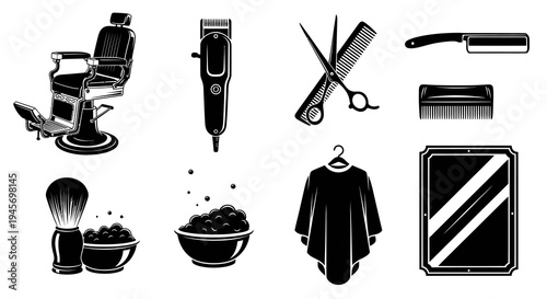 Black and White Icons of Barbershop Tools and Furniture