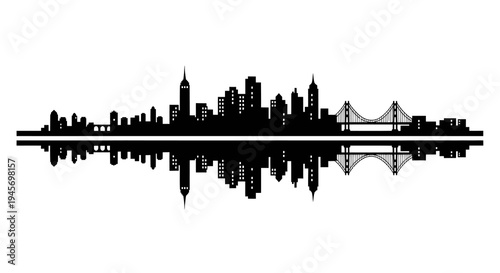 Black  White Skyline Cityscape with Bridge and Reflection