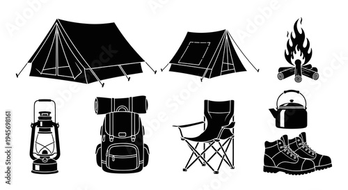 Camping Equipment Icons Black  White Glyph Set Vector