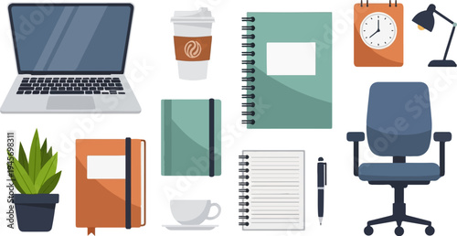 Collection of office supplies including a laptop, plant, notebooks, coffee cup, desk lamp, and chair