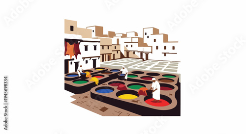Colorful leather dyeing vats with workers amidst buildings