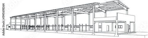 Architectural drawing of a building's exterior with exposed structural elements isolated on transparent background