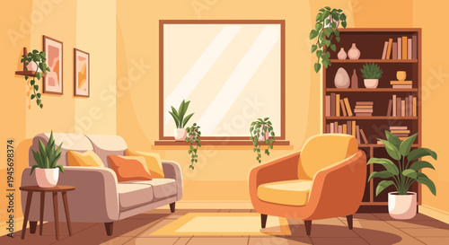 Cozy Living Room Interior with Bookcase, Sofa, and Plants in Warm Tones