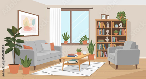 Cozy Living Room Interior with Bookcase, Sofa, and Potted Plants Aesthetic Home Design