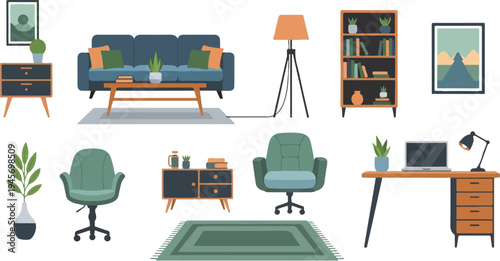 Cozy interior elements sofa, desk, chairs, bookshelf, plants, rug