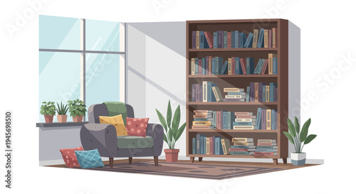 Cozy Living Room Interior with Bookshelf and Armchair by Window