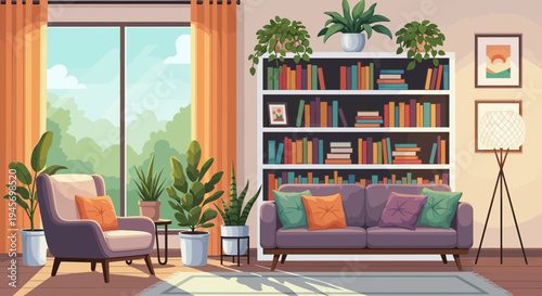 Cozy Living Room Interior with Bookshelf and Houseplants