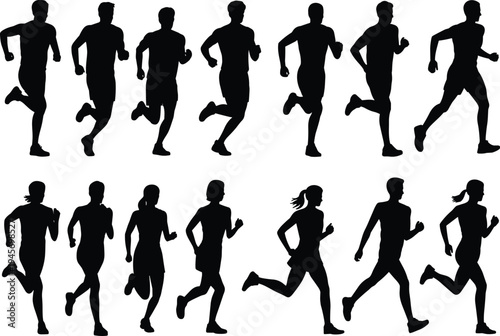 Running silhouettes, athletic stride, male and female runners, dynamic motion, fitness training, sports activity, jogging artwork, exercise illustration design