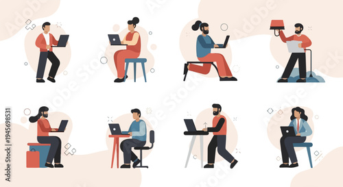 Diverse individuals engaged in remote work and digital tasks