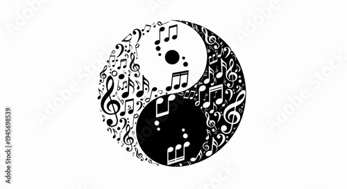 Yin Yang symbol filled with musical notes and symbols in black and white