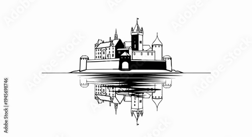 A stark black and white illustration of a castle with a reflected image below