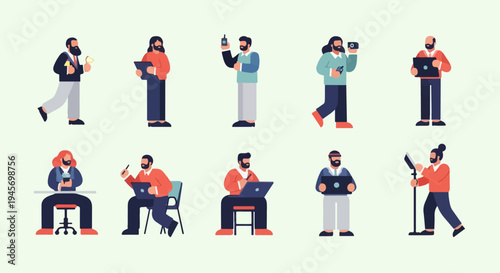 Diverse group of individuals engaged in various modern activities, pixel art style