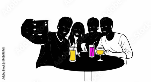 Friends taking a selfie at a table with drinks