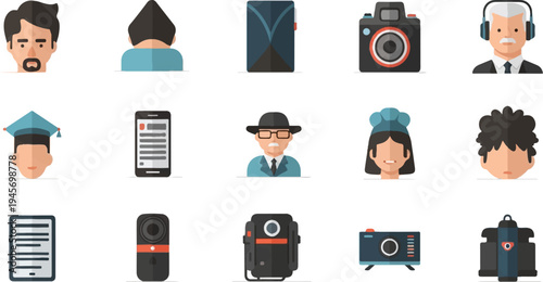 Diverse people and devices faces, camera, phone, tablet, and graduation cap